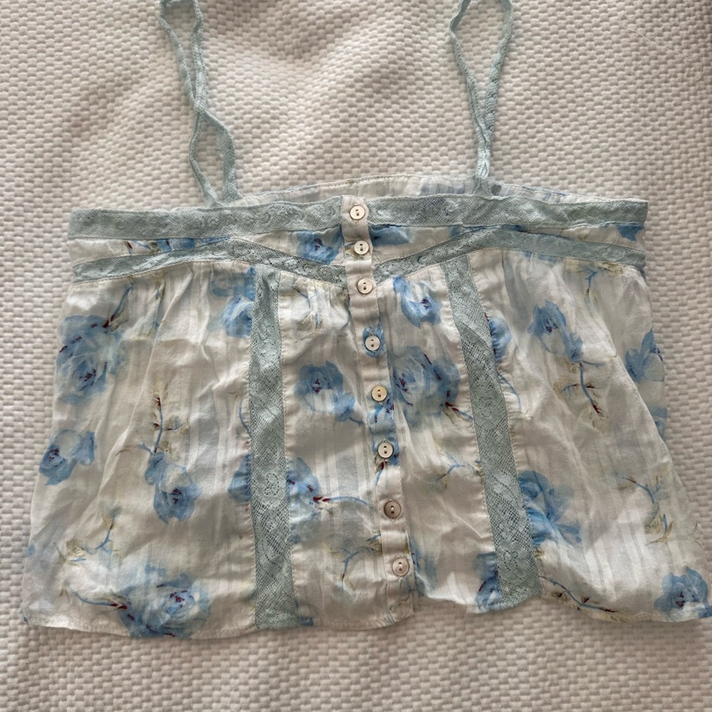 LoveShackFancy Blue Floral Camisole with Lace